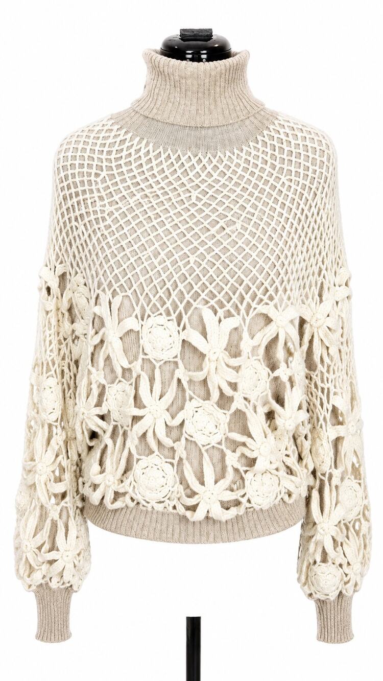 Mes Demoiselles Intricate Floral Crochet Openwork Turtleneck Sweater